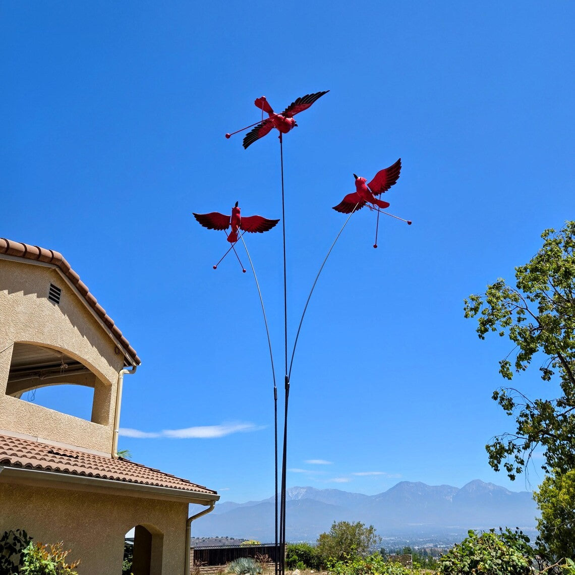 Rustic 12ft Garden Stake with Three Swaying Cardinal Birds - Large Outdoor Yard