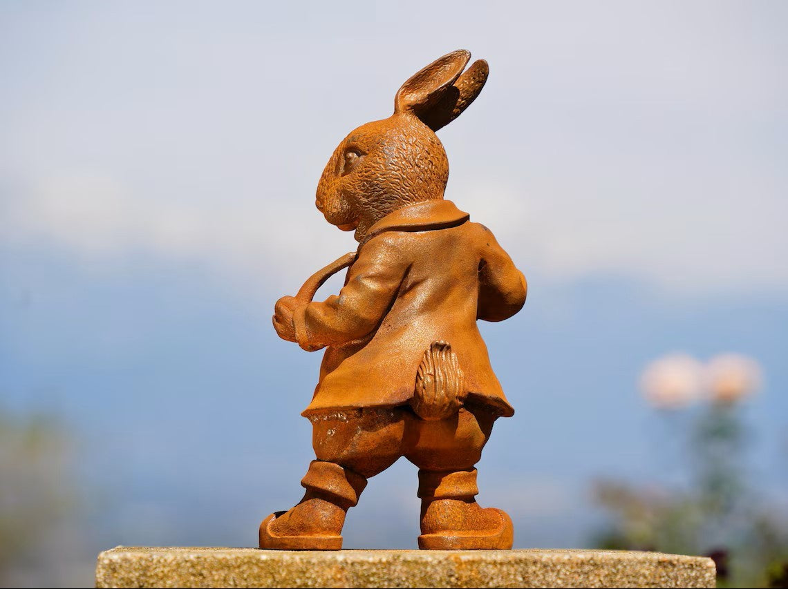 Metal Cast Iron Rabbit Statue - Rustic Bunny Garden Decor - Heavy Metal Porch