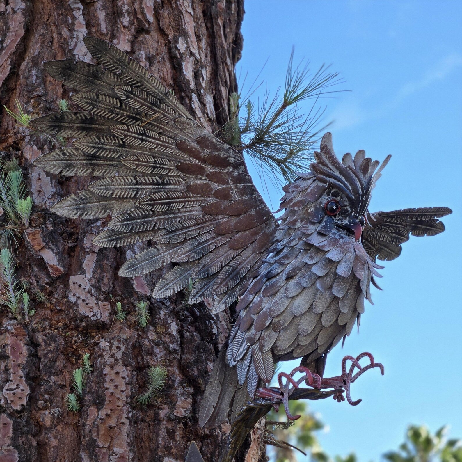 Rustic Metal Owl Sculpture Handcrafted Garden Art with Outstretched Wings Yarn