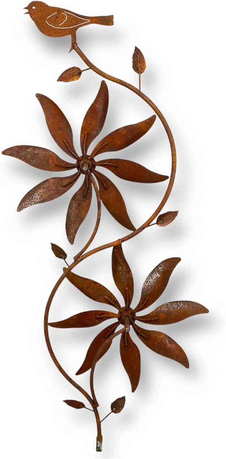 Rusty Metal Bird Windmill Garden Stake – 75" Weatherproof Wind Spinner Flower