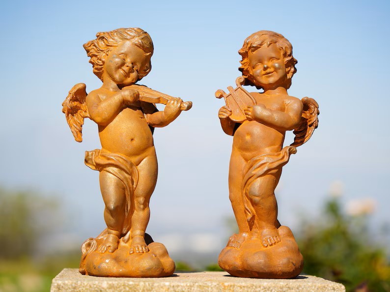 Metal Cast Iron Cherub Angel Statues – Musical Garden Sculptures Playing Violin