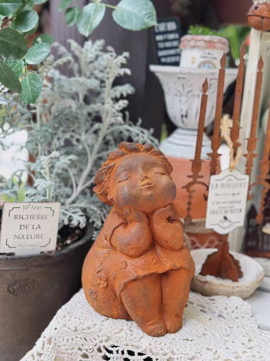 Creative Chubby Girl Cast Iron Figurine, Outdoor Garden Ornament, Yard Decor