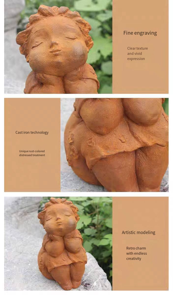 Creative Chubby Girl Cast Iron Figurine, Outdoor Garden Ornament, Yard Decor