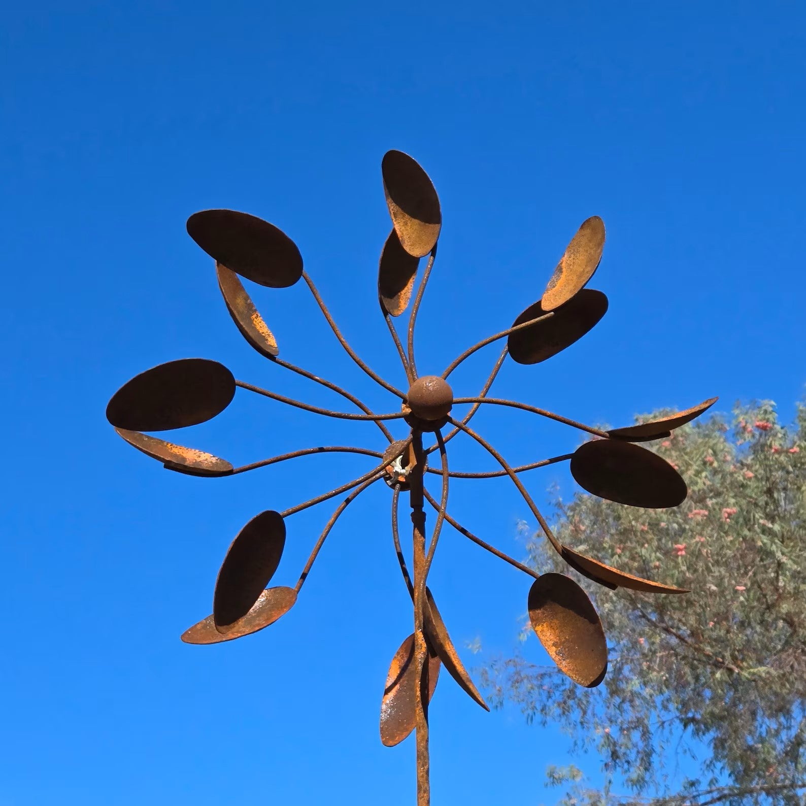 67“H Rusty Metal Flower Wind Spinner | Handmade Garden Sculpture | Weathered