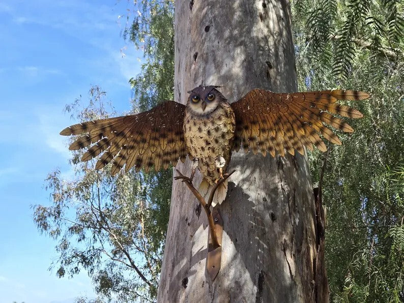 Handcrafted Metal Owl Garden Sculpture with Outstretched Wings - Rustic Yard Art
