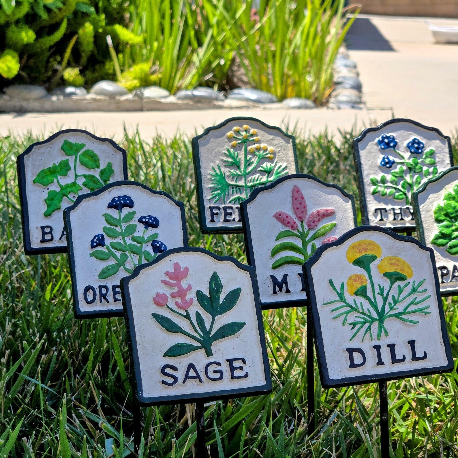 Hand-Painted Cast Iron Herb Garden Signs Colorful Raised Border Plant Markers