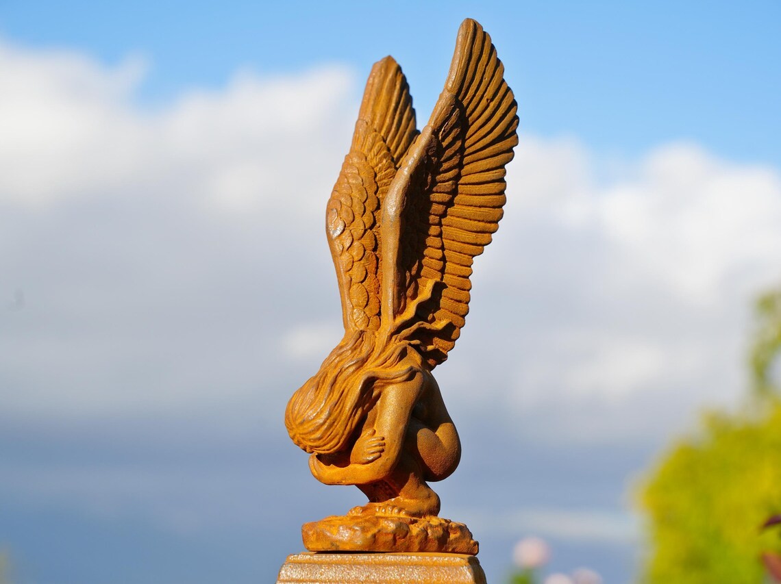 Cast Iron Redemption Angel Statue - Handcrafted Rustic Metal Mythical Sculpture