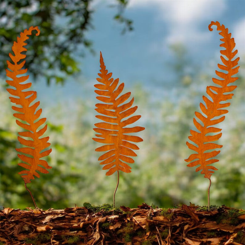 60" Corten Steel Fern Sculptures Rustic Garden Stakes Set of 3, Patina Metal Art