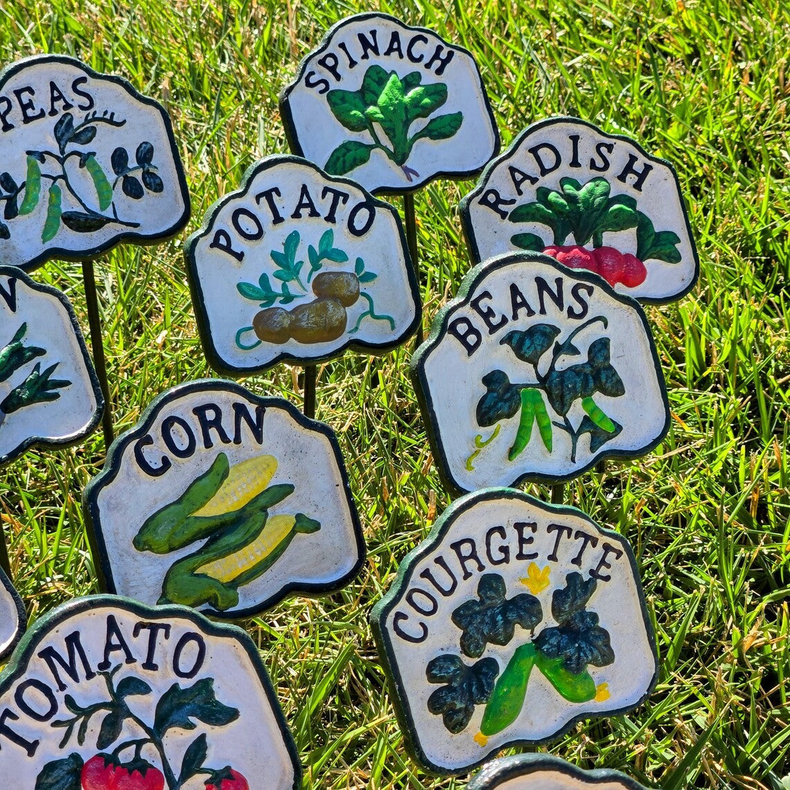 Hand-Painted Cast Iron Herb Garden Signs Colorful Raised Border Plant Markers