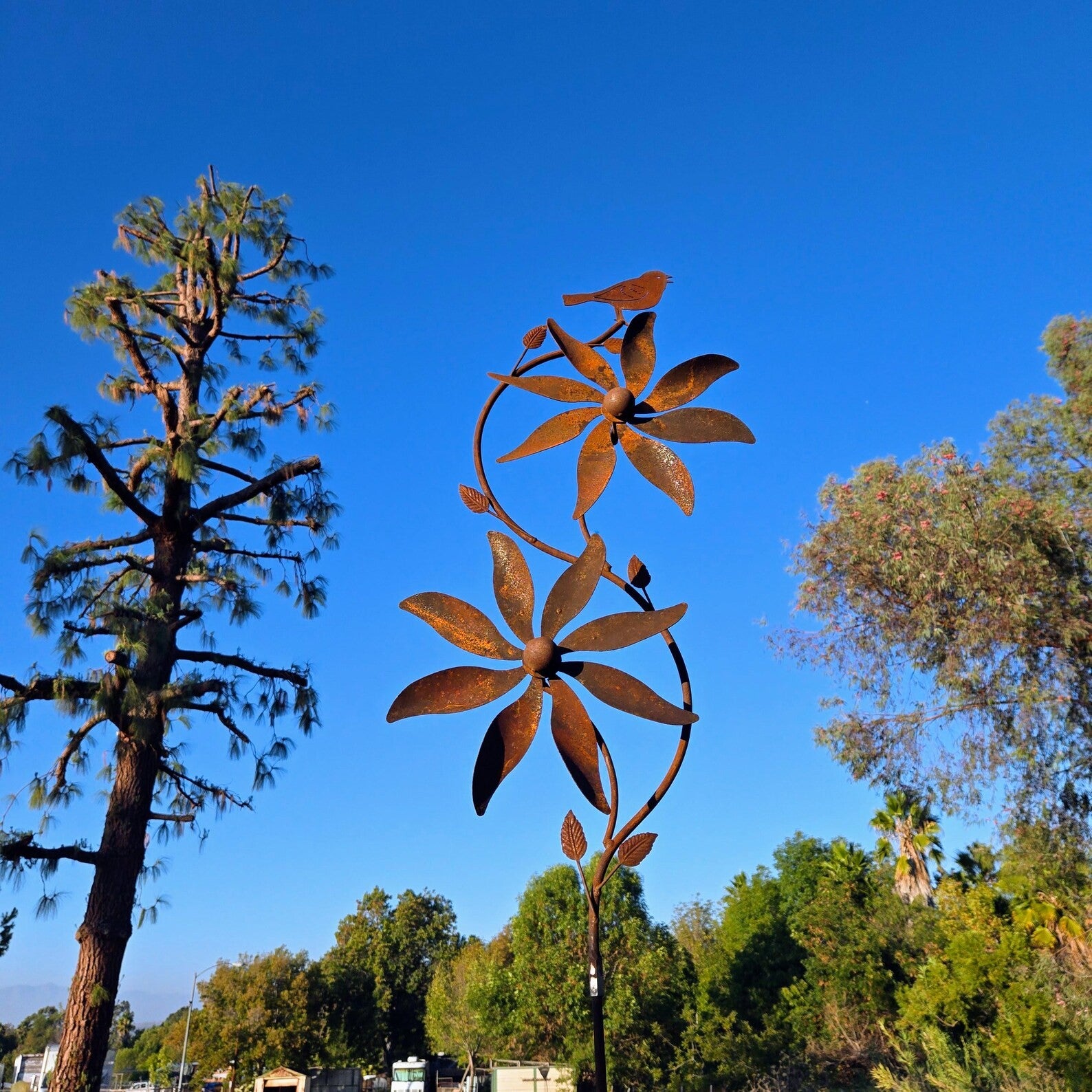 Rusty Metal Bird Windmill Garden Stake – 75" Weatherproof Wind Spinner Flower