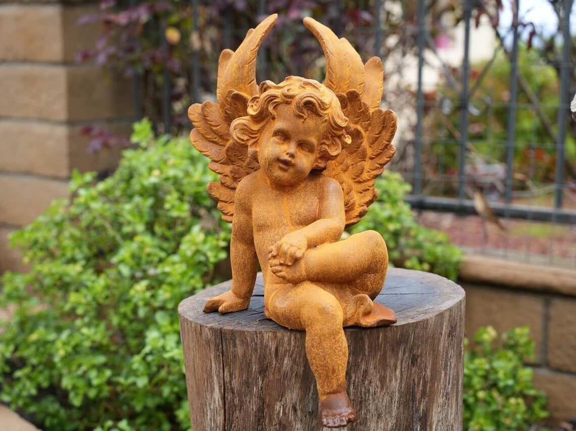 Metal Angel Statue – Rustic Cast Iron Cherub Sculpture for Garden Decor Outdoor
