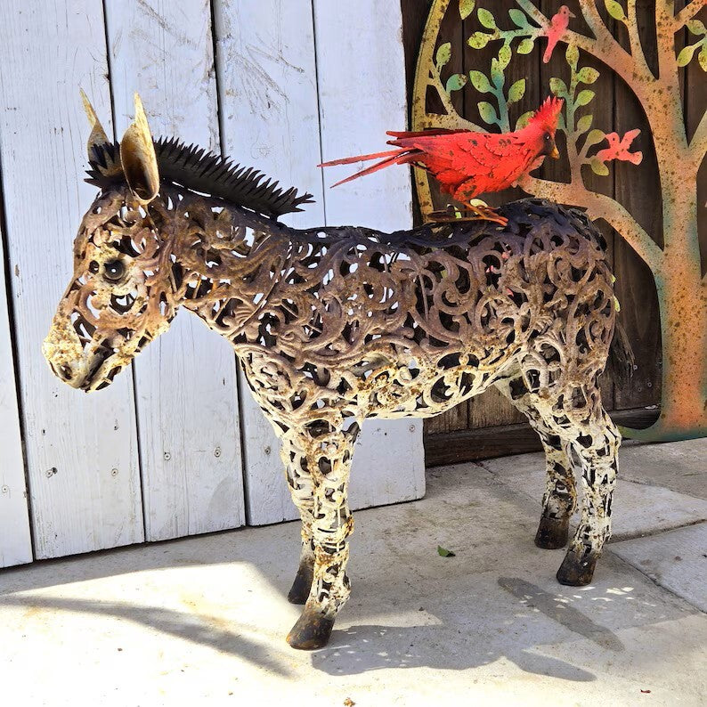 Cute Metal Donkey Statue Filigree Style Large Art Sculpture Rustic Lawn Animal