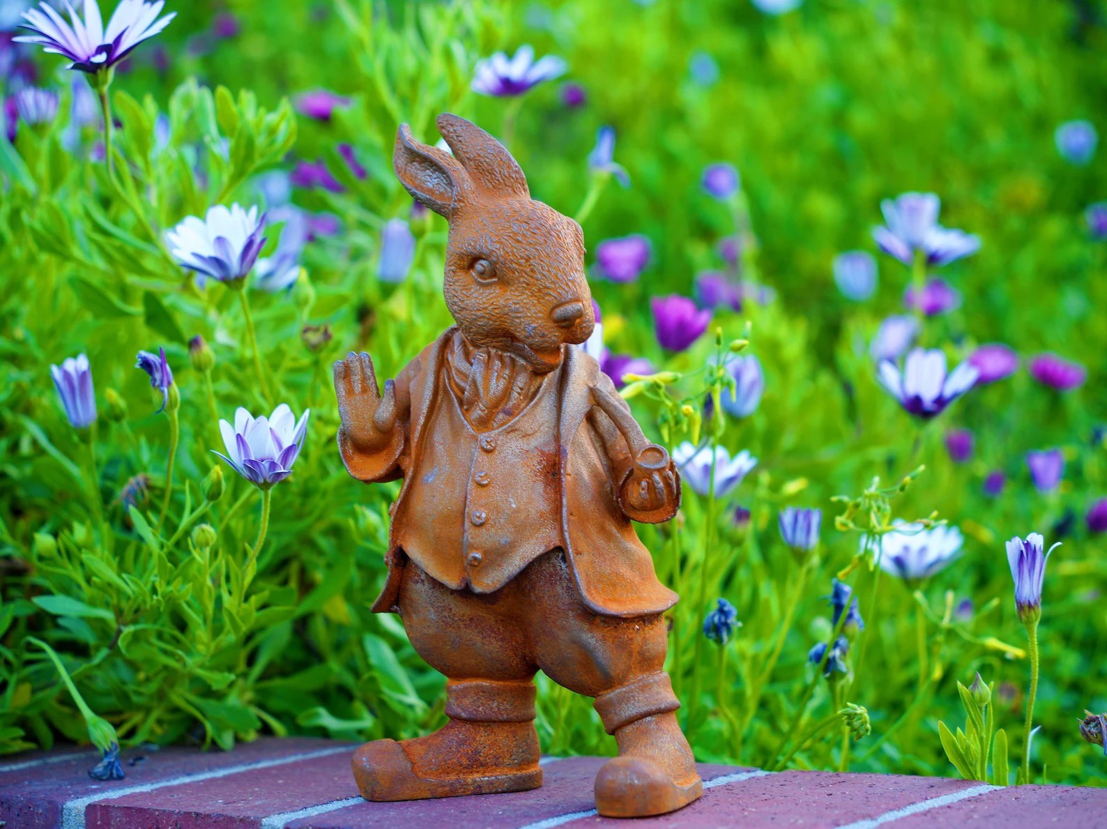 Metal Cast Iron Rabbit Statue - Rustic Bunny Garden Decor - Heavy Metal Porch