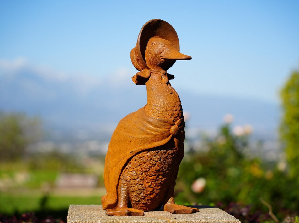 Metal Mrs. Duck Cast Iron Sculpture – Victorian Garden Lady Duck with Bonnet