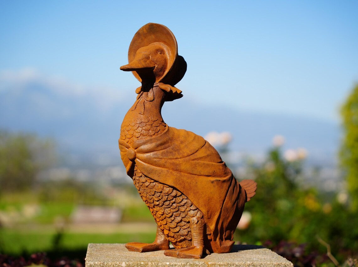 Metal Mrs. Duck Cast Iron Sculpture – Victorian Garden Lady Duck with Bonnet