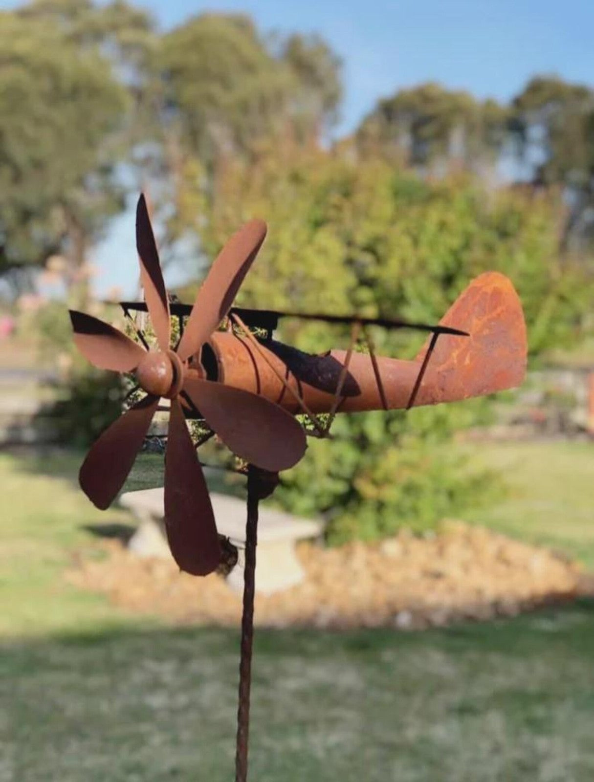 Rusty Metal Biplane Wind Spinner – Vintage Airplane Garden Art Sculpture
