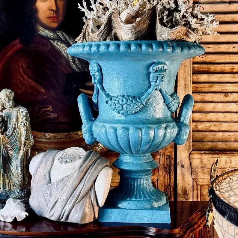 22"H Vintage Blue Cast Iron Urn Planter with Handles - Antique Style Flower Pot