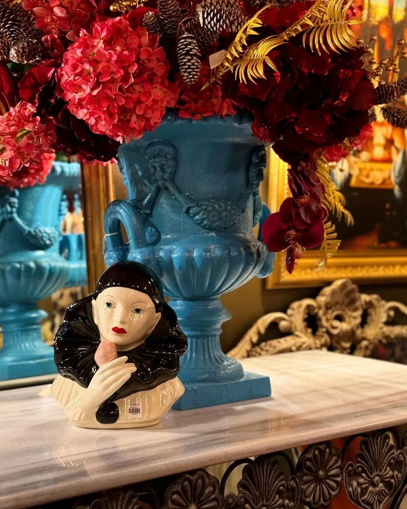 22"H Vintage Blue Cast Iron Urn Planter with Handles - Antique Style Flower Pot