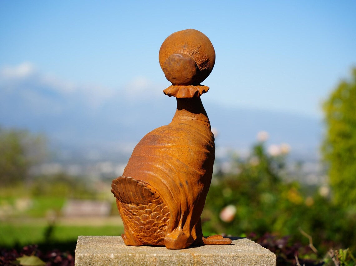 Metal Mrs. Duck Cast Iron Sculpture – Victorian Garden Lady Duck with Bonnet