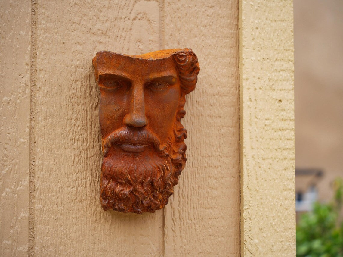 Metal Rustic Bearded Male Face Wall Sculpture Ancient Roman Cast Iron Art