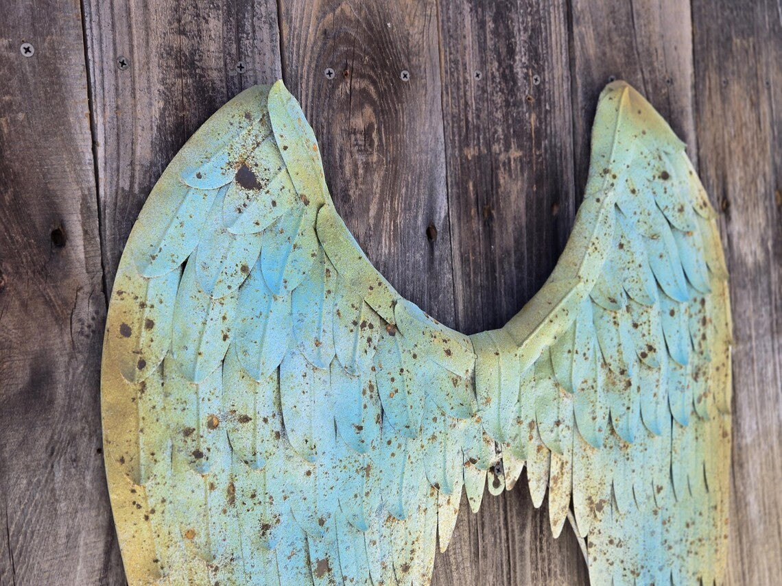 Rustic Angel Wings Metal Wall Decor Patina Finish Garden or Porch Accent