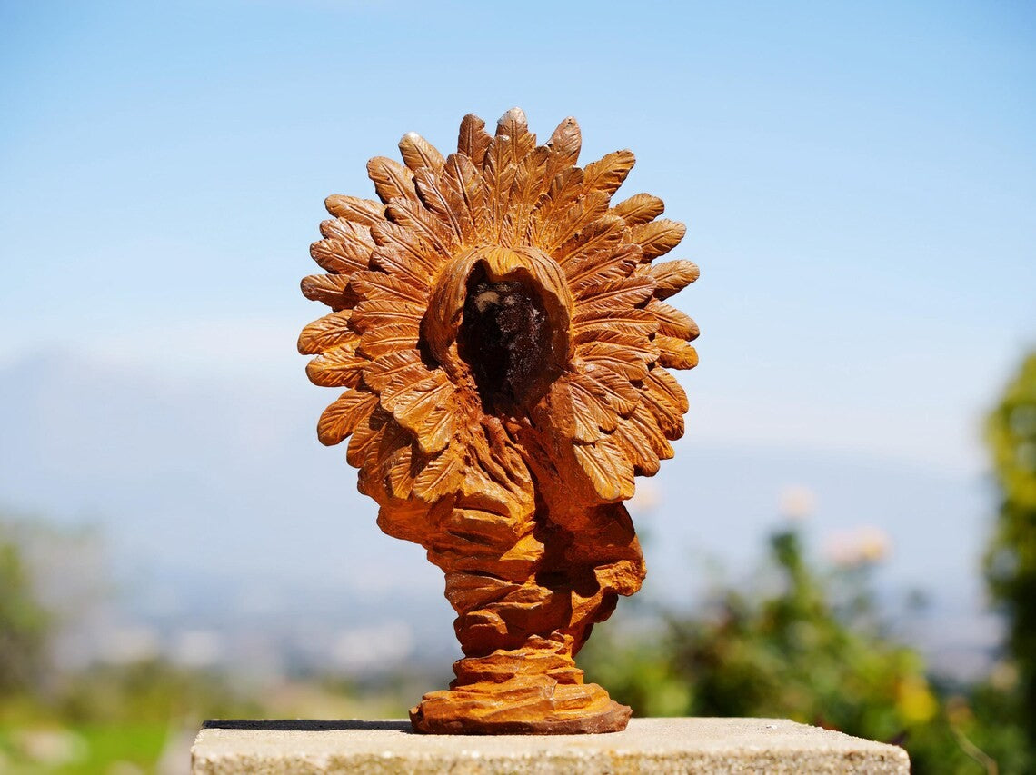 Metal Native American Bust Sculpture Cast Iron Tribal Headdress Boho Rustic