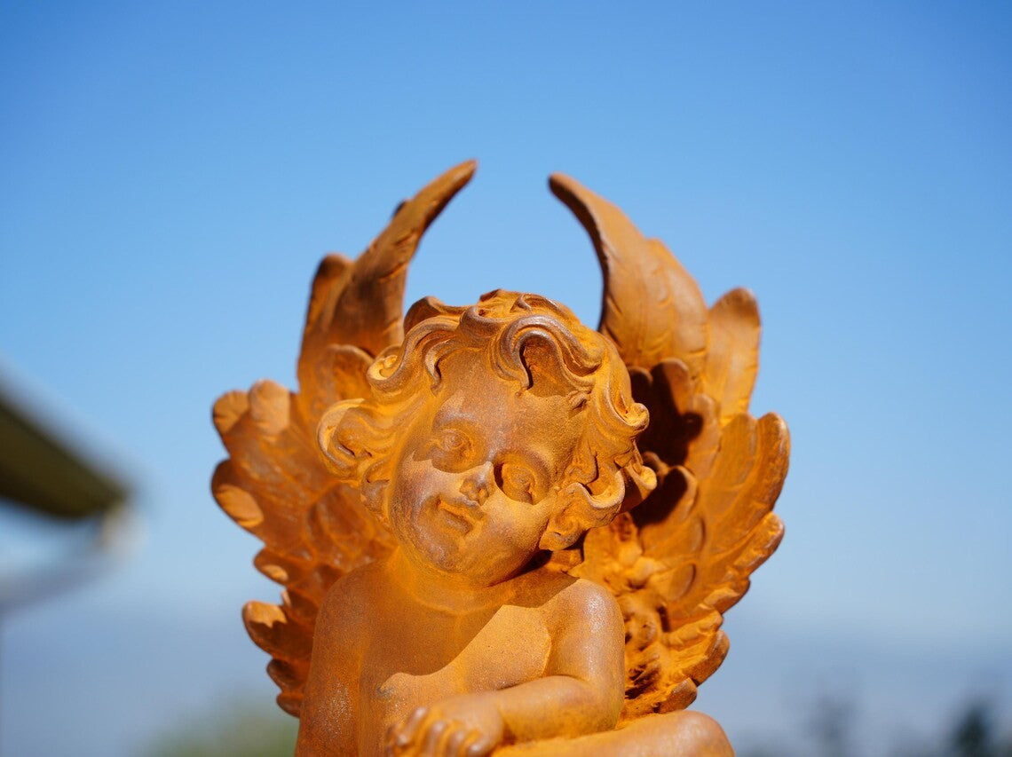 Metal Angel Statue – Rustic Cast Iron Cherub Sculpture for Garden Decor Outdoor