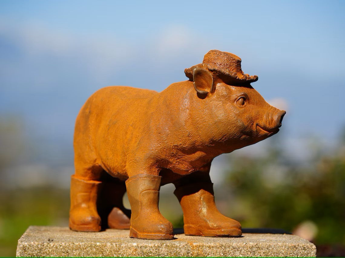 Cowboy Pig Duo with Rain Boots and Straw Hats, Whimsical Garden Animal Pig Decor