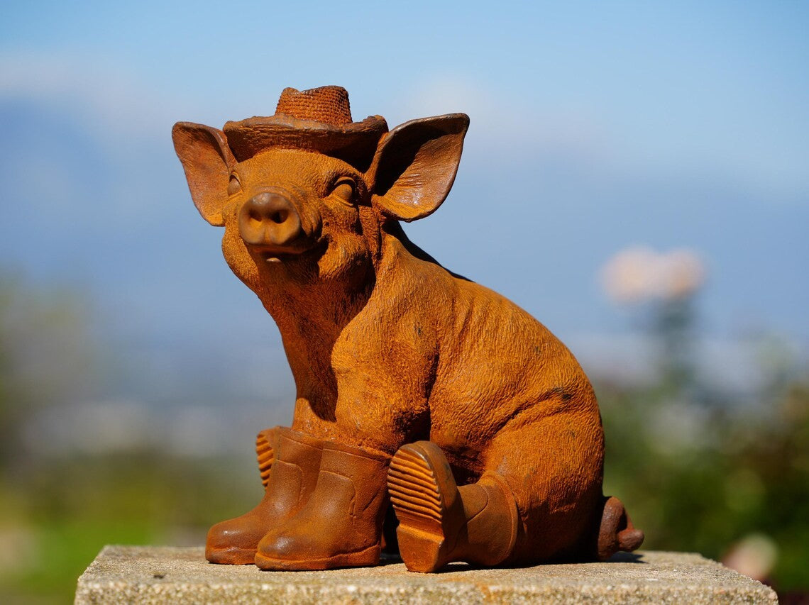 Cowboy Pig Duo with Rain Boots and Straw Hats, Whimsical Garden Animal Pig Decor