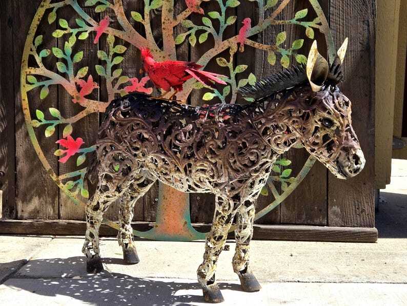 Cute Metal Donkey Statue Filigree Style Large Art Sculpture Rustic Lawn Animal