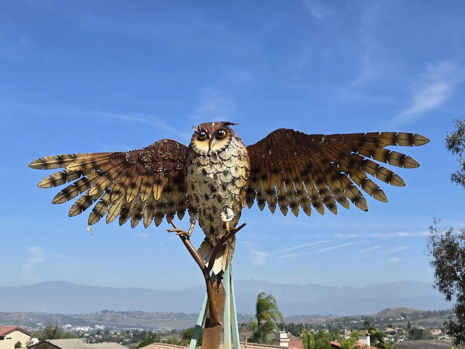Handcrafted Metal Owl Garden Sculpture with Outstretched Wings - Rustic Yard Art