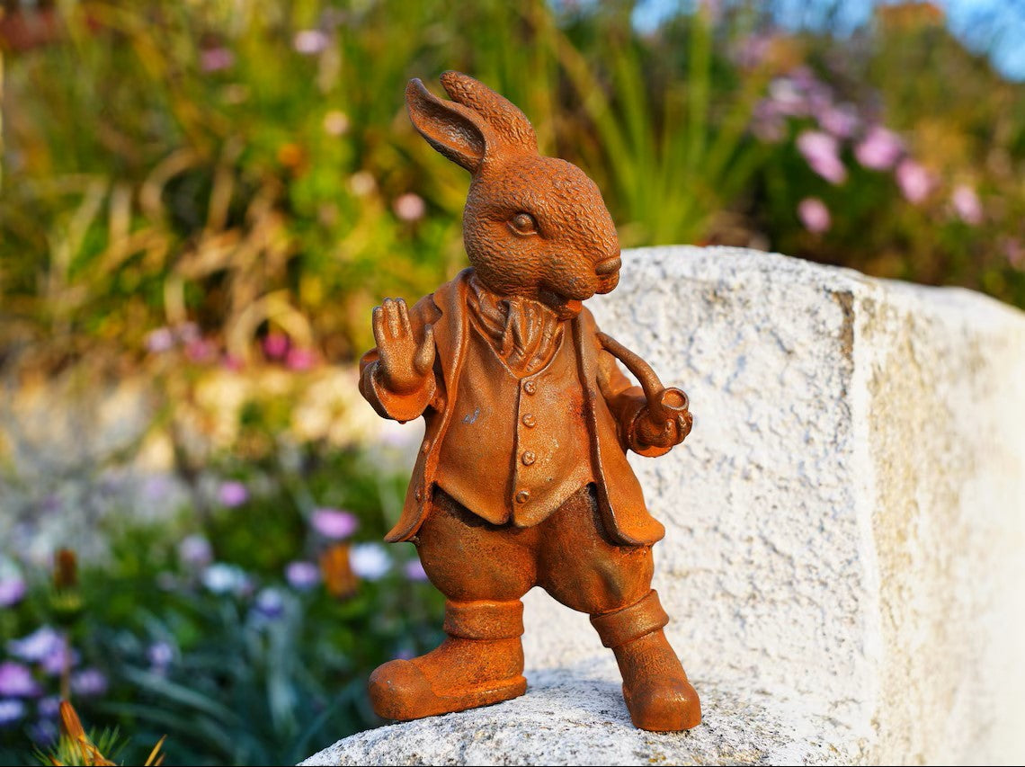 Metal Cast Iron Rabbit Statue - Rustic Bunny Garden Decor - Heavy Metal Porch