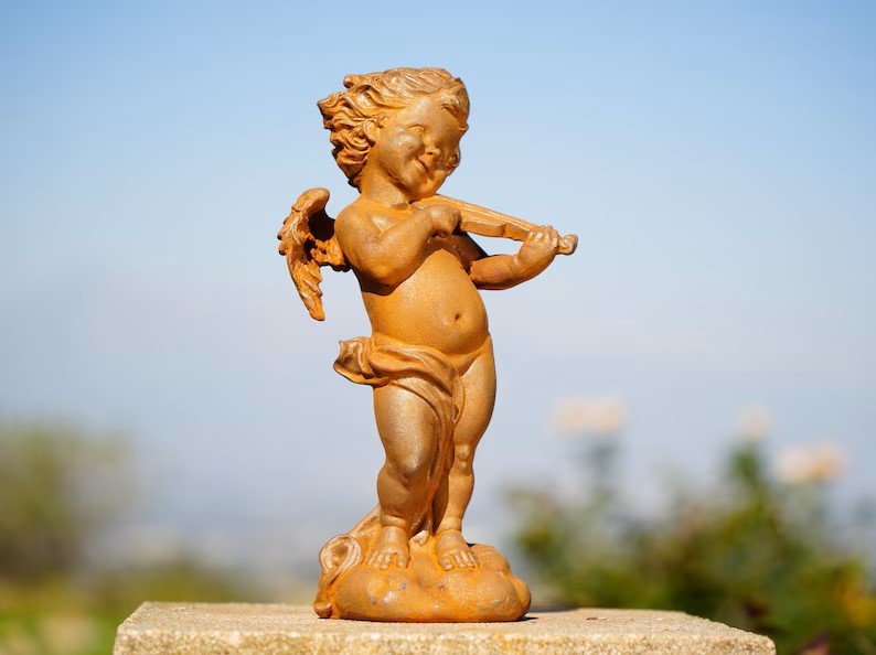 Metal Cast Iron Cherub Angel Statues – Musical Garden Sculptures Playing Violin