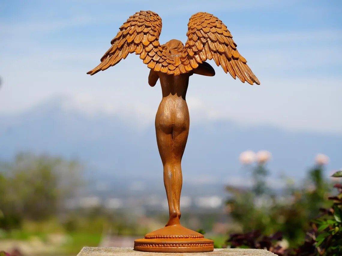 Metal Cast Iron Veiled Angel Statue - Heavy Vintage Sculpture for Garden