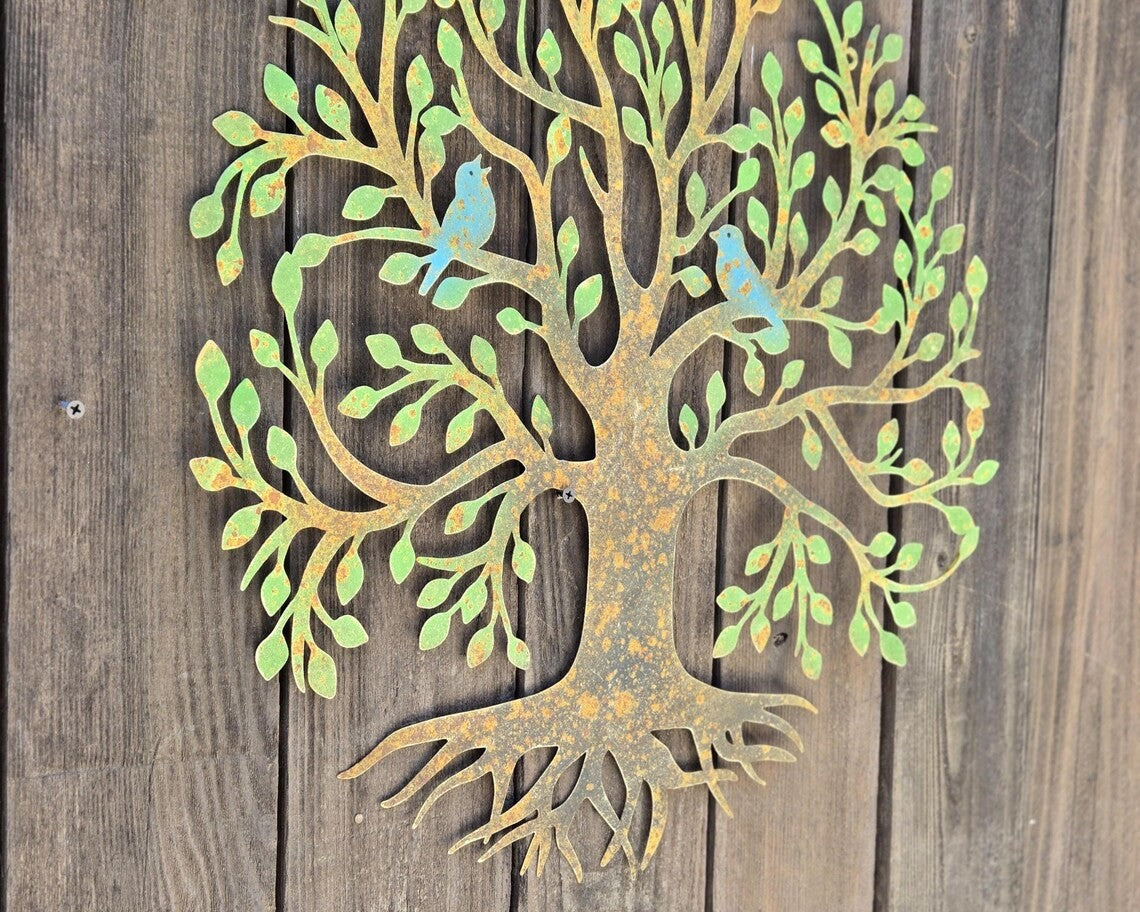 22" Rustic Tree of Life Metal Wall Art Hand-Painted Garden Decor with Blue Bird