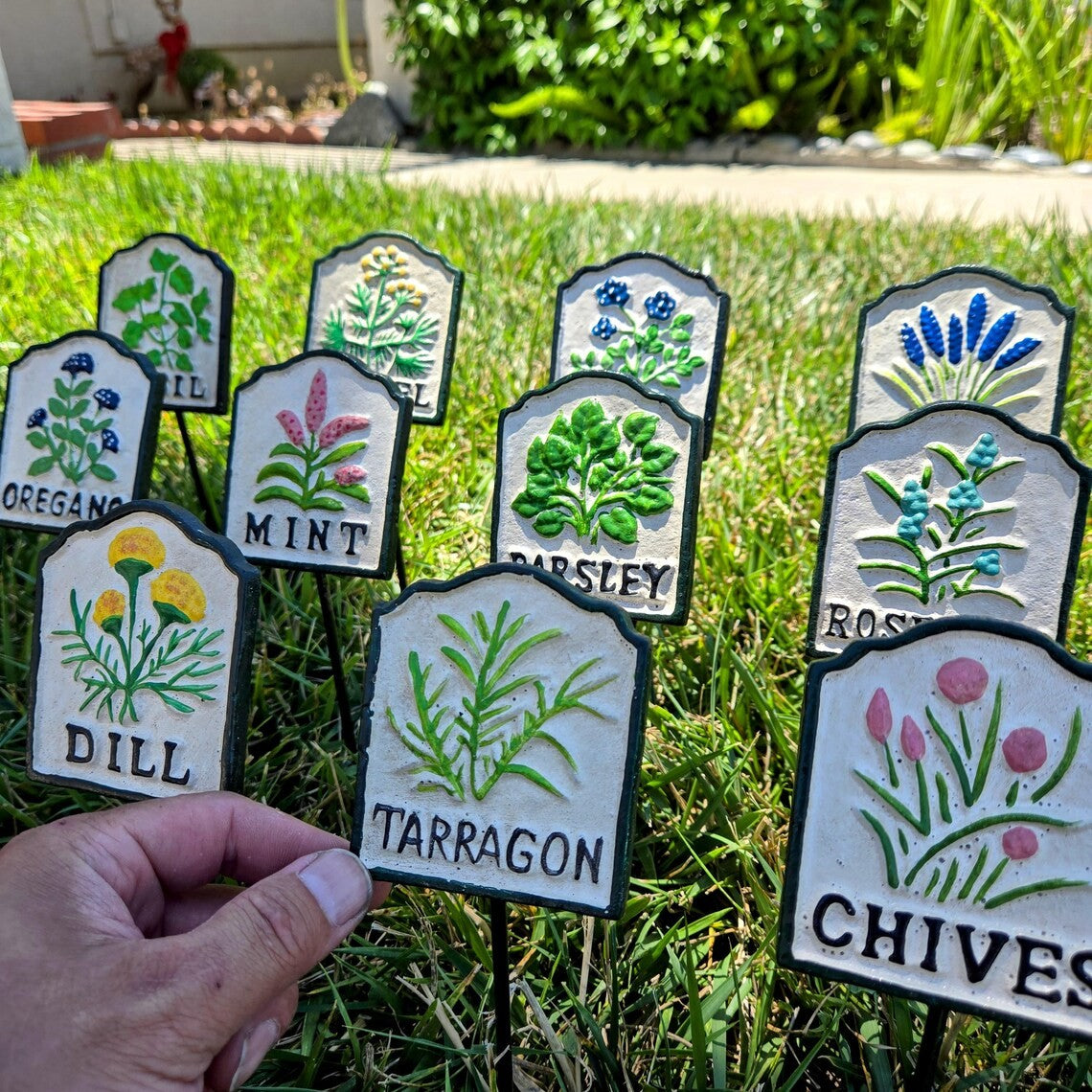 Hand-Painted Cast Iron Herb Garden Signs Colorful Raised Border Plant Markers