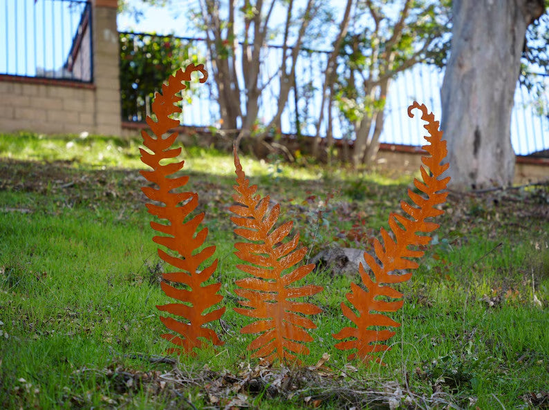 60" Corten Steel Fern Sculptures Rustic Garden Stakes Set of 3, Patina Metal Art