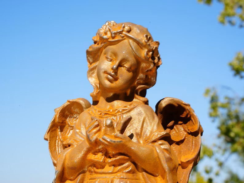 Metal Cast Iron Angel Girl Statues – Garden Angels Holding Bird & Draped Robe