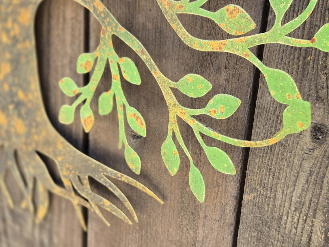 22" Rustic Tree of Life Metal Wall Art Hand-Painted Garden Decor with Blue Bird