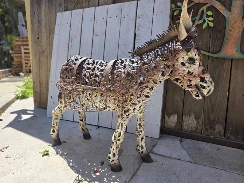 Cute Metal Donkey Statue Filigree Style Large Art Sculpture Rustic Lawn Animal