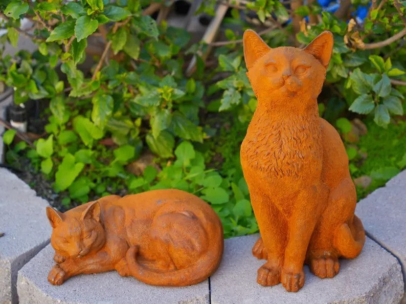 Cast Iron Cat Sculpture Rustic Garden Statues, Porch & Patio Decor