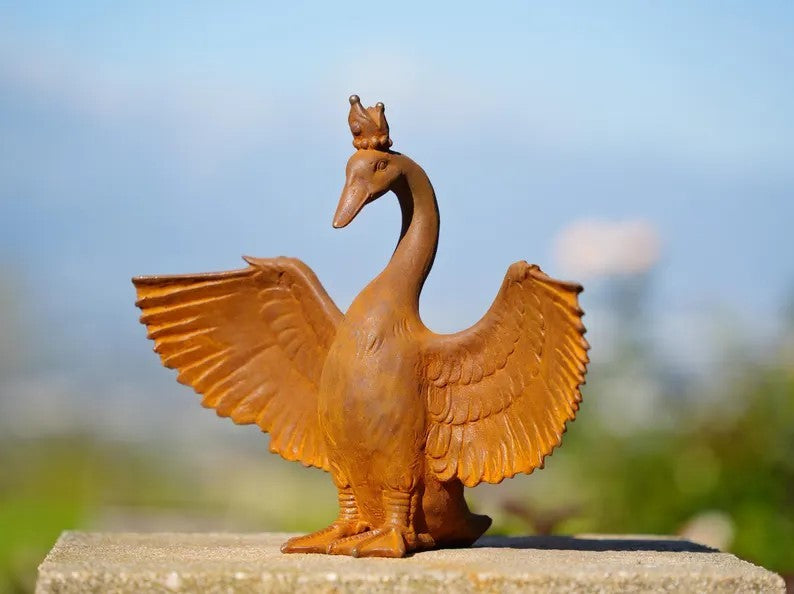 Metal Crowned Goose Cast Iron Sculpture Spreading Wings Garden Statue Whimsical