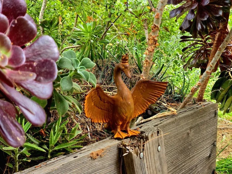 Metal Crowned Goose Cast Iron Sculpture Spreading Wings Garden Statue Whimsical