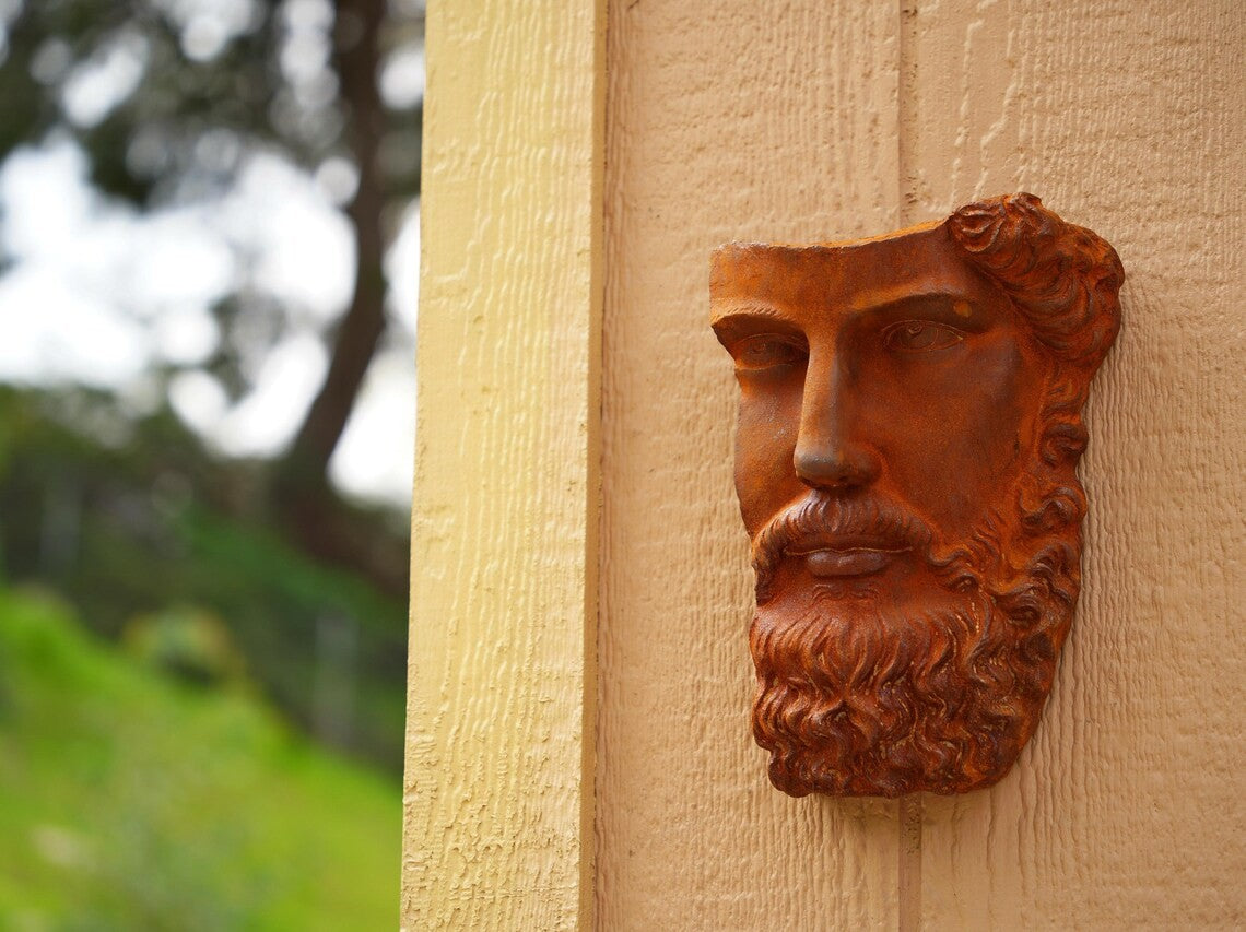 Metal Rustic Bearded Male Face Wall Sculpture Ancient Roman Cast Iron Art