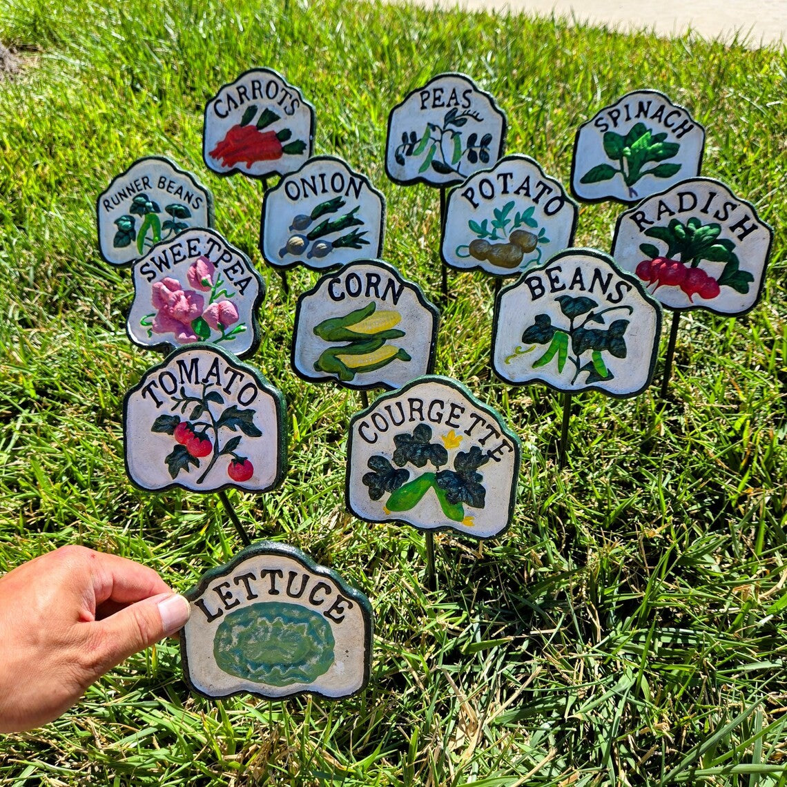 Hand-Painted Cast Iron Herb Garden Signs Colorful Raised Border Plant Markers