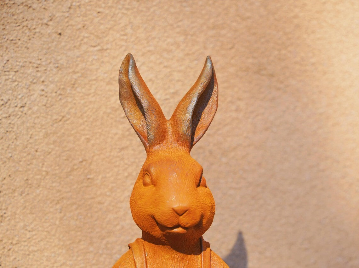 Cast iron Spring Bunny Bird Feeder Statue | Rustic Cast Iron Rabbit in Overalls