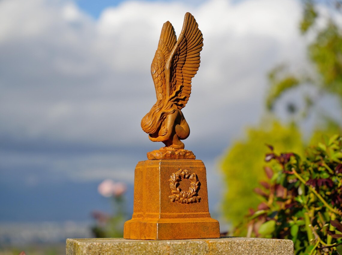 Cast Iron Redemption Angel Statue - Handcrafted Rustic Metal Mythical Sculpture