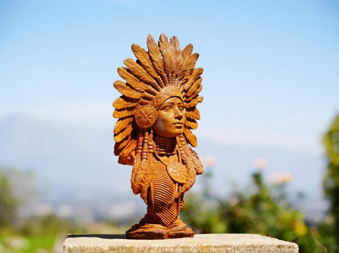 Metal Native American Bust Sculpture Cast Iron Tribal Headdress Boho Rustic