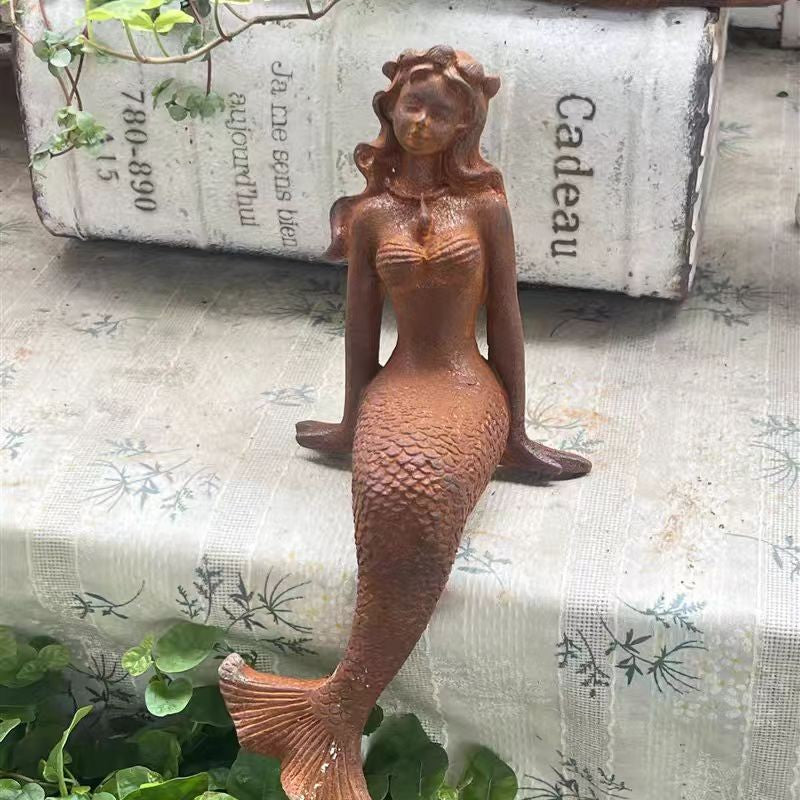 Cast Iron Mermaid Statue - Rustic Garden Sculpture, Vintage Outdoor Art, Coast