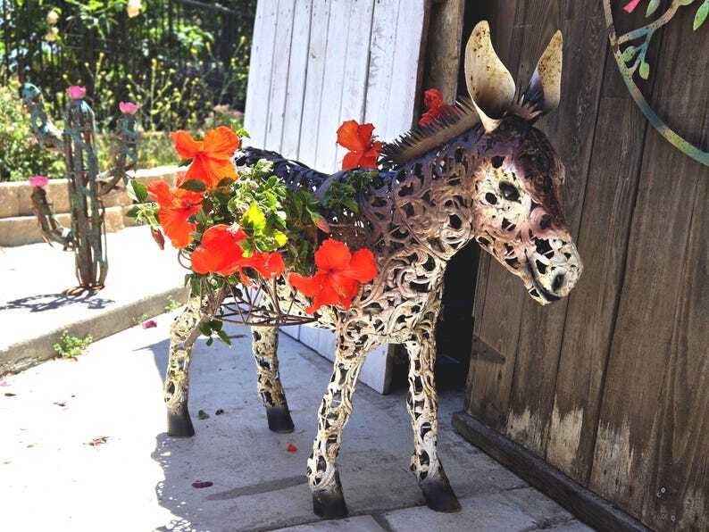 Cute Metal Donkey Statue Filigree Style Large Art Sculpture Rustic Lawn Animal